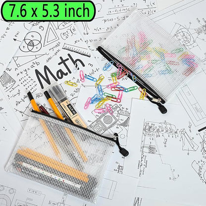 AUSTARK 10 Pcs Zipper File Bags, Waterproof Plastic Mesh Pouch for Office School, Board Game Storage Bags (Multi-Size, White and Black)