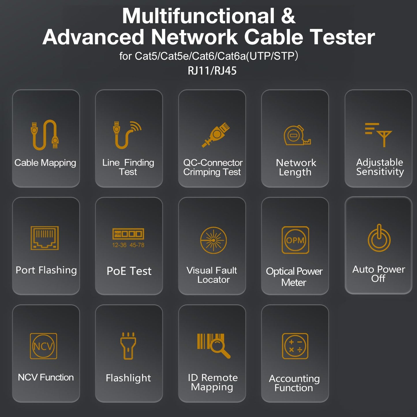 FIXCHIGO 10 in 1 Network Cable Tester with 7 Wavelengths OPM 10Km/10mW VFL 600M Measurable Length 100 Records Tool Kit for CAT5 CAT6 Telephone Ethernet RJ11 RJ45 PoE Wire Tracer NCV, Red