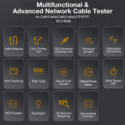 FIXCHIGO 10 in 1 Network Cable Tester with 7 Wavelengths OPM 10Km/10mW VFL 600M Measurable Length 100 Records Tool Kit for CAT5 CAT6 Telephone Ethernet RJ11 RJ45 PoE Wire Tracer NCV, Red