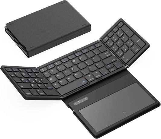 GEODMAER Foldable Bluetooth Keyboard, Portable Full Size Folding Keyboard with Large Touchpad, Numeric Keypad, PU Leather, Wireless TravelKeyboard for Windows Android Mac(Sync up to 3 Devices)
