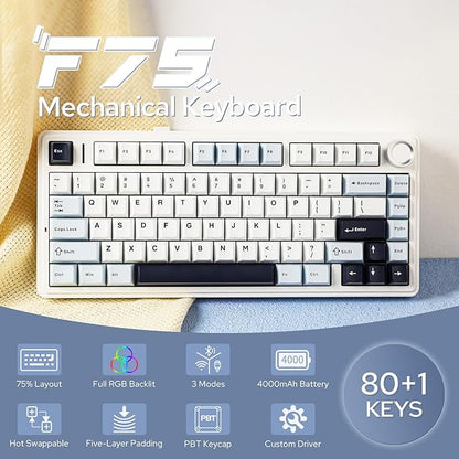 EPOMAKER x Aula F75 Gasket Mechanical Keyboard, 75% Wireless Hot Swappable Gaming Keyboard with Five-Layer Padding&Knob, Bluetooth/2.4GHz/USB-C, RGB (Light Blue, Ice Vein Switch)