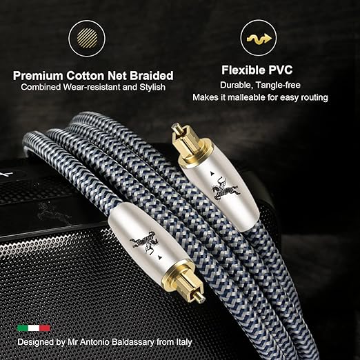 Digital Fiber Optic Audio Cable for Sound Bar Toslink Cord Male to Male 24K Gold Plated Connector Optical Audio Cable 6ft 10ft S/PDIF Glass Core, 6.56feet/2M IMP-2201