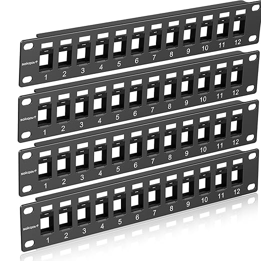 Sokqovt 12 Port Mini Blank Keystone Patch Panel with Snap-in Design (4 Pack), Cat6 Network 1U 10 Inch Rack Mount Ethernet (for Slim Keystone Only)