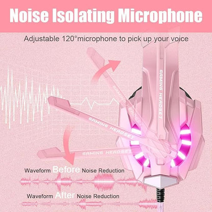 BENGOO G9000 Professional Gaming Headset for PS4, PC, Xbox One Controller, Noise Cancelling Over Ear Headphones with Mic, LED Light, Bass Surround, Soft Memory Earmuffs for Laptop Nintendo - Pink