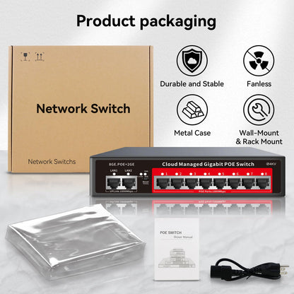 8 Port Gigabit PoE Switch with 2 Gigabit Uplink, 120W Built-in Power, 802.3af/at Compliant, Managed PoE+ Switch Support VLAN, QoS, Fanless Metal, Plug and Play(Desktop/Wall Mount)