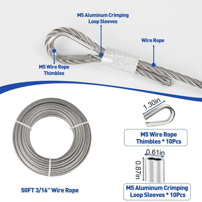 TooTaci 3/16" Stainless Steel Cable, 100ft Wire Rope with Aluminum Crimping Sleeve&Thimbles, 7x19 Strands, 3700lbs Breaking Strength Heavy Duty Aircraft Cable for Zipline, Deck Railing, Shade Sail