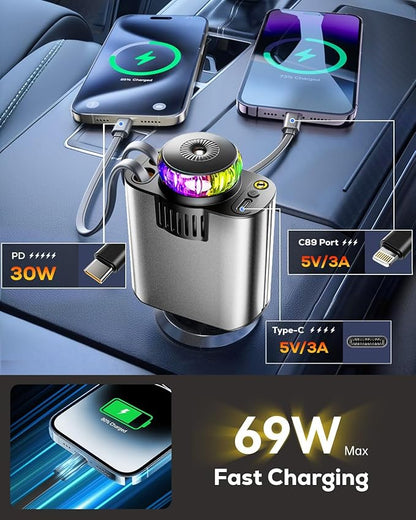 Retractable Car Charger with Air Freshener Diffuser & Star Lights,Multi Port Cigarette Lighter Adapter for iPhone Car Phone Charger USB-C/Type-C Fast Charging with 2 Retractable Cable,Car Aromatherapy