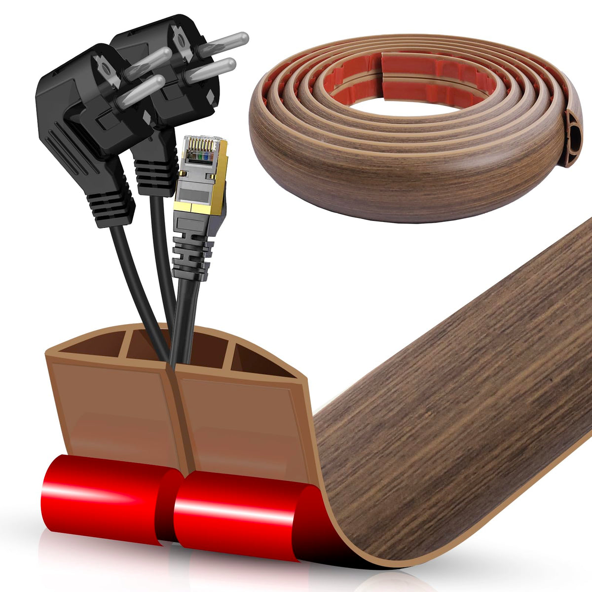 Floor Cord Cover Cavity 0.8"x0.37" Self Adhesive Cord Hider, 10FT Low Profile Cable Management, Extension Strip Protector for Wires, Prevent Cable Trips for Offices, Gyms, Exhibitions (Brown Wood)