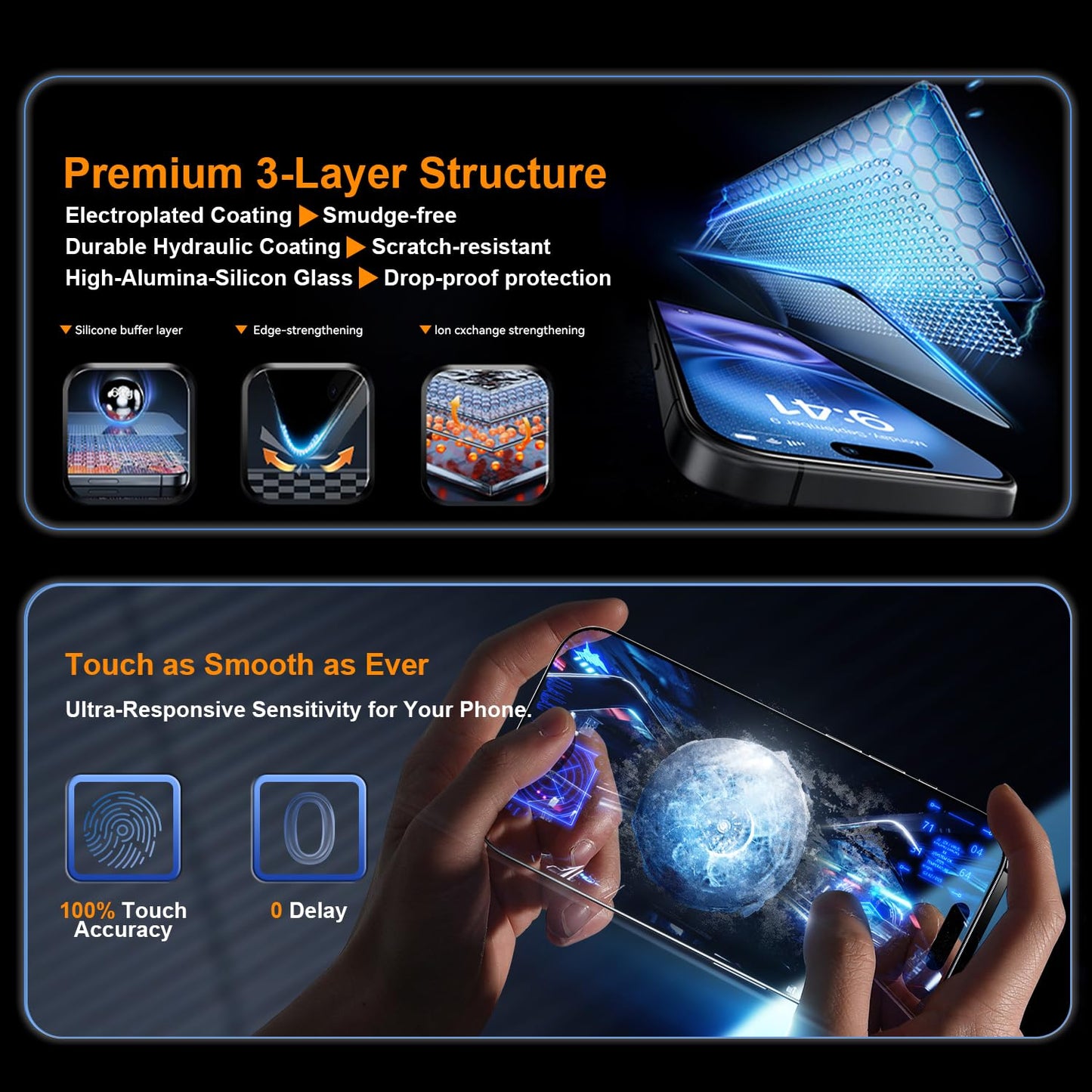 OneFish Tempered Glass Screen Protector for iphone 11 Pro Max/Xs Max, 9H Hardness Glass Scratch Resistant,HD Clarity Tempered Glass Film with Installation Frame,Easy Installation,2Pack.