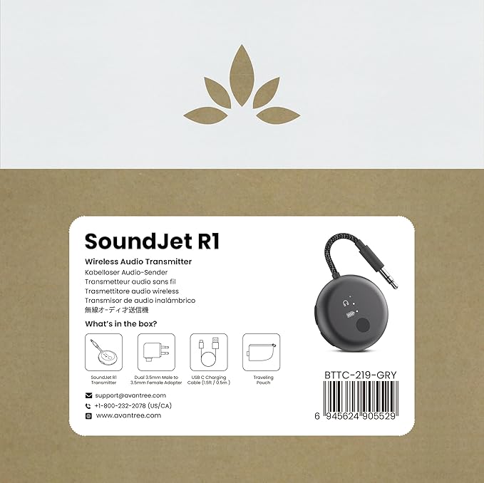 Avantree SoundJet R1 – Airplane Bluetooth Adapter for Headphones & AirPods, aptX Adaptive, Qualcomm Chipset, 20H Battery, Wireless Audio Transmitter for in-Flight Travel Essentials - Metallic Black