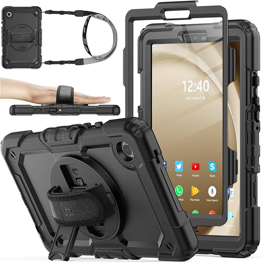SEYMAC stock Case for Samsung Galaxy Tab A11/ A9 8.7'' (Not for A11+Plus11''), Full-Body Drop Protection Case with Screen Protector Pencil Holder [360° Rotating Hand Strap] &Stand, Black