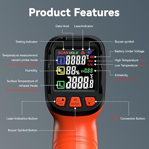 MOONASCEND -58°F to 1796°F Infrared Thermometer Gun, Dual-Mode 16:1