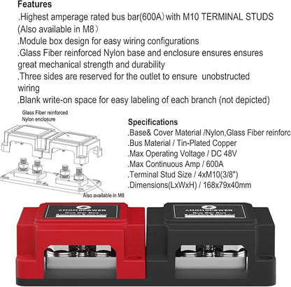 600A 48V Bus Bar Box 4 Stud (3/8 inch) M10 High Current Tin Plated Copper Distribution Block Positive Negative Independent Modules Electrical Battery Ground Buss Bar with Cover for RV Marine