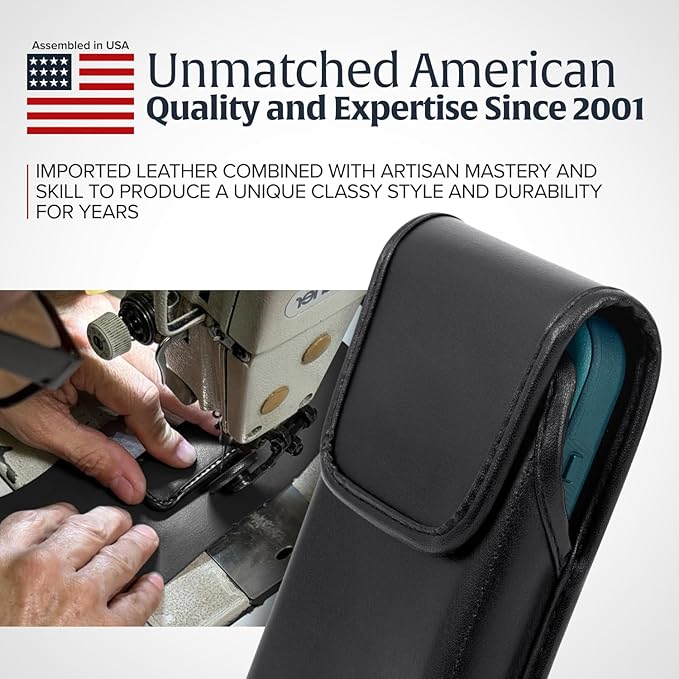 Turtleback Belt Clip for iPhone 16 Pro, 16e, 15 pro 14 Pro 13 Pro -Medium- Fits w/Shockproof Commuter Style Cases, Premium Black Leather, Vertical Belt Holder, Magnetic Closure HD Rotating Clip