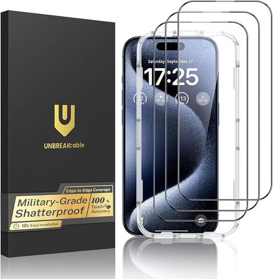 UNBREAKcable 3-Pack Screen Protector for iPhone 15 Pro Max, Double Shatterproof Tempered Glass [Easy Installation Frame] [HD Clear] [9H Hardness] [Full Coverage] for iPhone 6.7 inch