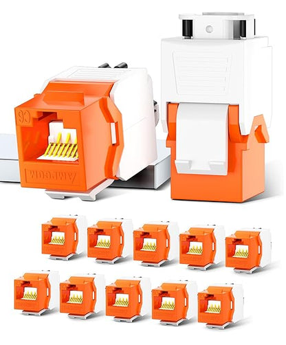 AMPCOM CAT6 RJ45 Keystone Jack - Reusable UTP Ethernet Wall Jack with Adjustable Ratchet Lock Design, No Tool and Zip Tie Required - 50u Gold Plated - Orange (12-Pack)