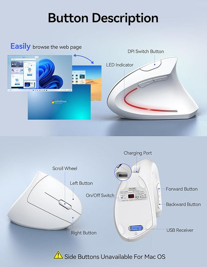 TECKNET Ergonomic Mouse Wireless, Rechargeable Mouse Wireless Silent for Carpal Tunnel Right Hand, 2.4GHz USB Vertical Mouse Wireless for Laptop, 5 Adjustable 4800 DPI, Computer, MacBook, Desktop