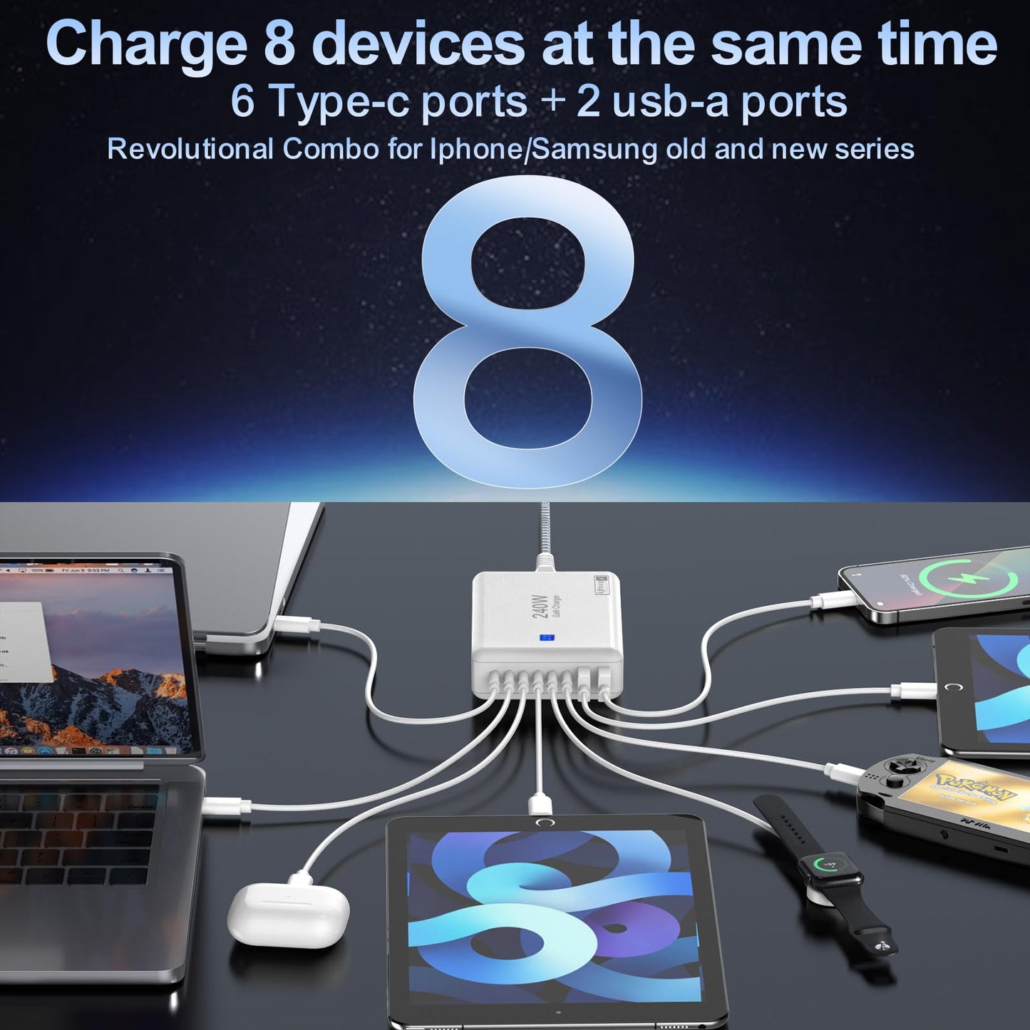 USB C Charger Block 240W, 8-Port Charging Station for iPhone/Ipad/MacBook, 6C2A PD GaN Charger Box, USB Tower Hub with Flat Plug, Travel Essentials