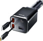 Retractable Car Charger, 4 in 1 Fast Charging USB-C & USB-A Compatible with iPhone 16/15/14/13/12/11 Pro Max, 69W Fast Car-Charger Cigarette Lighter Adapter for Galaxy, Pixel (Light-ning+USB-C) Black