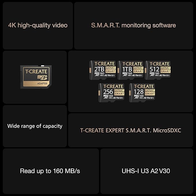 TEAMGROUP T-Create Smart A2 1TB Micro SDXC U3 V30 4K R/W Speed up to 160/150 MB/s High Speed Flash Memory Card for Creators, Compatible with GoPro, Insta360 TTCS1TIA2V3003