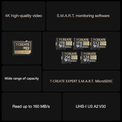 TEAMGROUP T-Create S.M.A.R.T A2 256GB Micro SDXC U3 V30 4K R/W Speed up to 160/150 MB/s High Speed Flash Memory Card for Creators, Compatible with GoPro, Insta360 TTCS256GIA2V3003