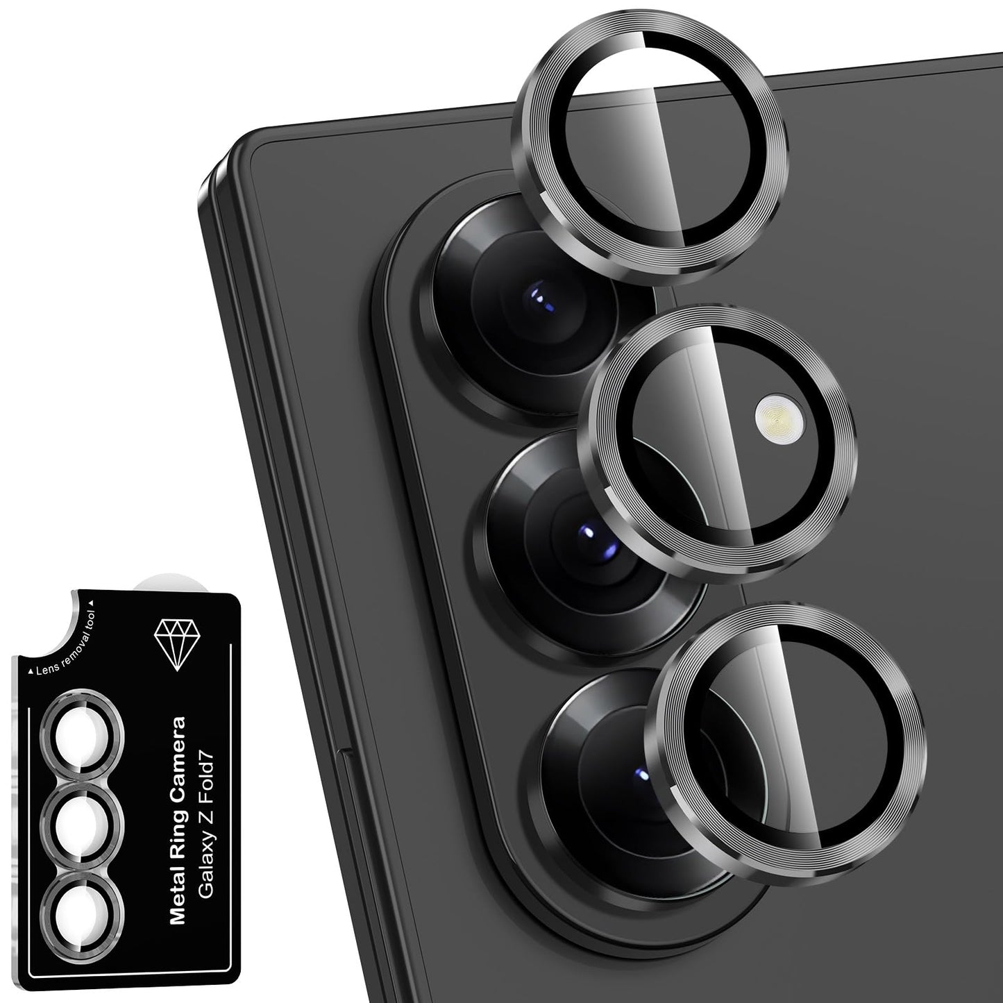 Avocase for Samsung Galaxy Z Fold 7 Camera Lens Protector, Individual Metal Ring Tempered Glass Lens Cover, [Strong Adsorption] Scratch Resistant Ultra-Thin HD Clear Lens Cover, 1 Set-Black