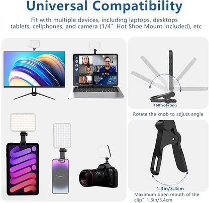 60 LED Portable Selfie Light Video Conference Lighting with Clip & Camera Tripod Adapter Rechargeable 2200mAh CRI 97+, 3 Light Modes for Phone iPhone Webcam Laptop Photo Makeup