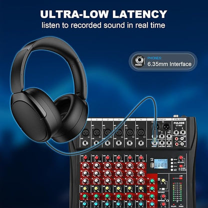 6 Channel Audio Mixer, Professional Music Mixer Board DJ Mixing Console with Bluetooth, USB/MP3 Player, Reverb, and 48V Phantom Power for Studio Recording, Karaoke, and Live Performances
