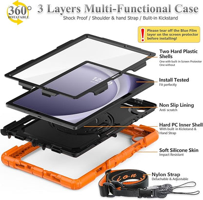 SEYMAC stock Case for Samsung Galaxy Tab A9+ Plus 11'', Full-Body Drop Protection Case with Screen Protector Pencil Holder [360° Rotating Hand Strap] &Stand, Orange+Black