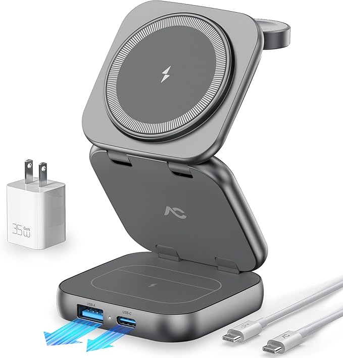 5-in-1 Wireless Charger for MagSafe, AC ISLAND Portable Travel Charging Station, 15W Max Fast Foldable Magnetic Stand, Evolved for iPhone 16/15/14/13 Series, Apple Watch, AirPods (with 35W Adapter)