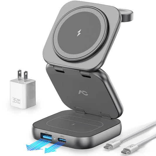 5-in-1 Wireless Charger for MagSafe, AC ISLAND Portable Travel Charging Station, 35W Max Qi2 Fast Foldable Magnetic Stand, Evolved for iPhone 17-12 Series, Apple Watch, AirPods (with 35W Adapter)