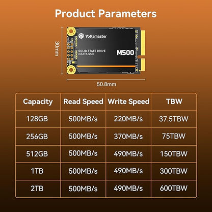 Yottamaster M500 2TB mSATA SSD SATA III 6Gb/s, mSATA Internal Solid State Drive Up to 500MB/s, Mini-SATA with 3D NAND, Compatible with Ultrabooks Desktop PC Laptop, All-in-One PCs, 30x50mm