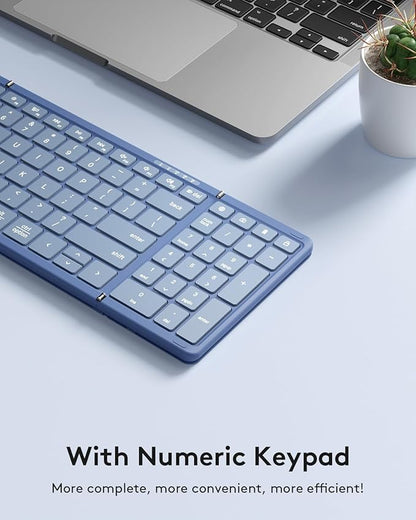 Samsers Foldable Bluetooth Keyboard with Numeric Keypad, Full-Size Wireless Folding PU Leather, Portable Travel for iOS Android Windows Mac OS, Support 3 Device(BT5.1 x 3) Blue