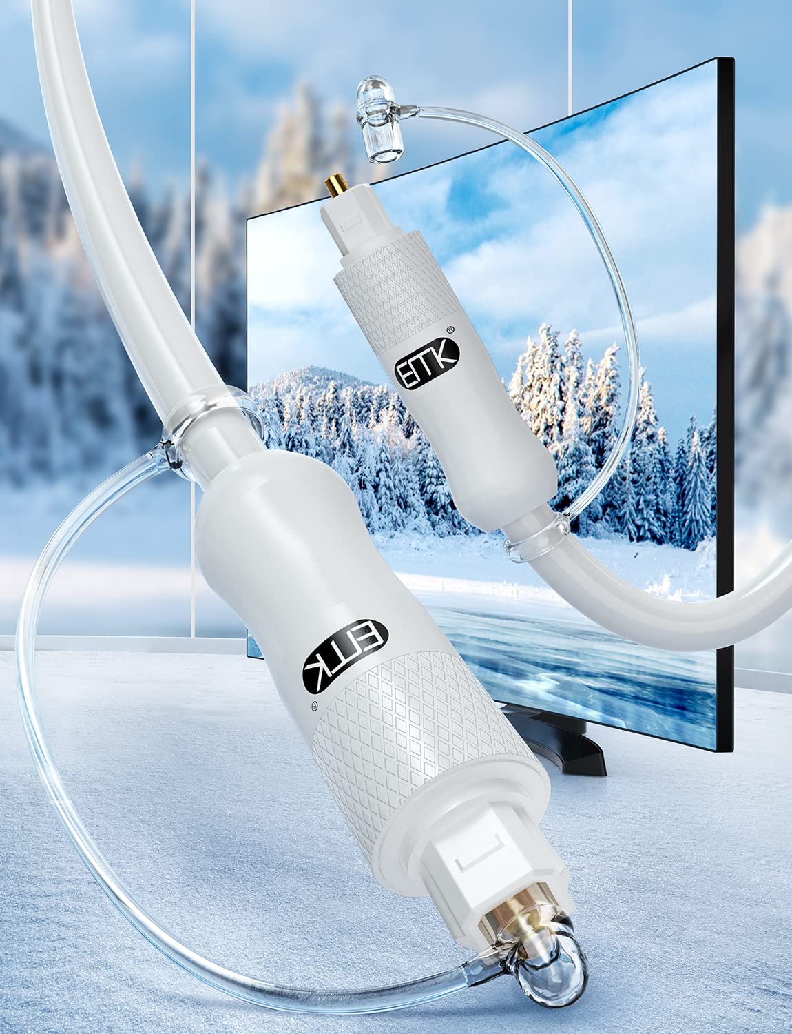 EMK White Optical Audio Cable [14ft/4.6M] - Digital SPDIF Toslink Fiber Optic Cable for Sound Bar, TV, Home Theater, Blu-ray Player - White, High-Speed, Low-Loss, Gold-Plated Connectors