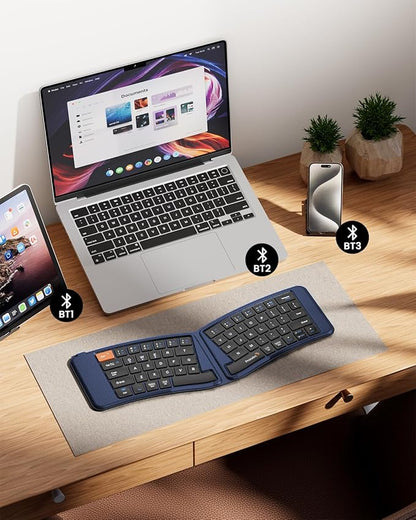 ProtoArc Ergonomic Foldable Keyboard, XK03 Split Folding Travel Bluetooth Keyboard, Ultra Slim, Portable for iPad, iPhone, Tablet, Laptop, PC - Dark Blue