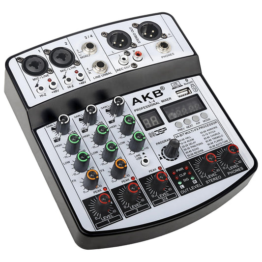 Dj Mixers 4 Channel Audio Mixer Sound Board with Bluetooth, Usb Audio Interface with 48V Phantom Power Sounds Mixer Board with 99 DSP FX Reverb Delay Effect
