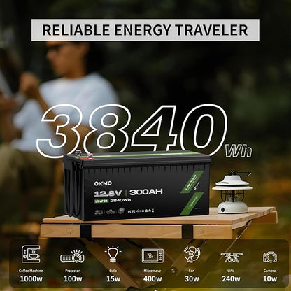 OKMO 12V 300Ah LiFePO4 Lithium Battery 3840Wh Rechargeable Lithium Battery with BMS 10 Years Lifetime 15000+ Deep Cycles,for Solar systerm,RV,Camping,Battery Backup,Marine and Home Energy Storage