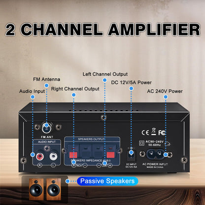 AK45 Stereo Receivers Amplifier Home Audio with Bluetooth, 300W, 2.0 Channel Power Amplifier for Home Stereo Syetem with RCA,SD,FM,USB, MIC in,Bluetooth Receiver for Karaoke,Studio
