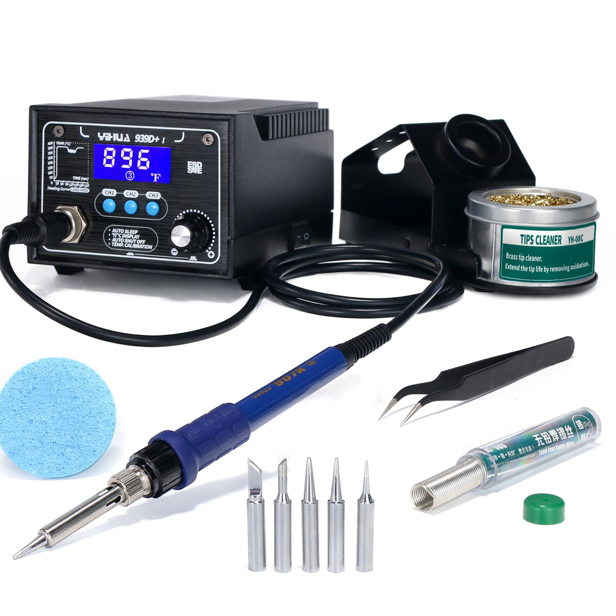 YIHUA 939D+ Digital Soldering Station, 75 Watt Equivalent with Temperature Control, °C/°F Display. ESD safe for Electronics. Aluminum Panel (Resists Burn). Solder Tips, Lead-free Solder & Extras