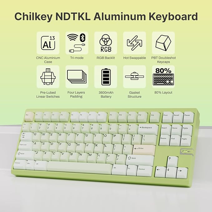 Chilkey ND TKL Aluminum Mechanical Keyboard, 87 Keys Tenkeyless Wireless Gaming Keyboard, Tri-Mode BT5.3/2.4GHz/USB-C PBT Keycaps Hot Swappable Custom Key Board for Windows Laptop Office PC