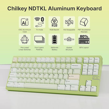 Chilkey ND TKL Aluminum Mechanical Keyboard, 87 Keys Tenkeyless Wireless Gaming Keyboard, Tri-Mode BT5.3/2.4GHz/USB-C PBT Keycaps Hot Swappable Custom Key Board for Windows Laptop Office PC