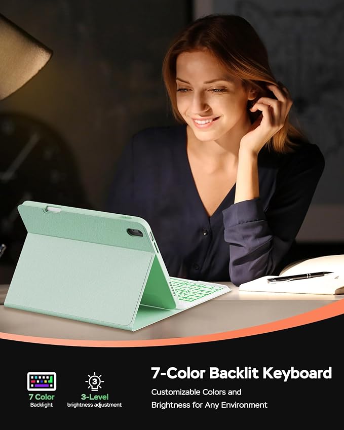 Folio Keyboard Case for iPad 10th Gen 10.9 inch (2022) and iPad 11th (A16, 2025), Magnetic Wireless Detachable Keyboard, 7-Color Backlight, Thin & Light, Pencil Holder (Green)