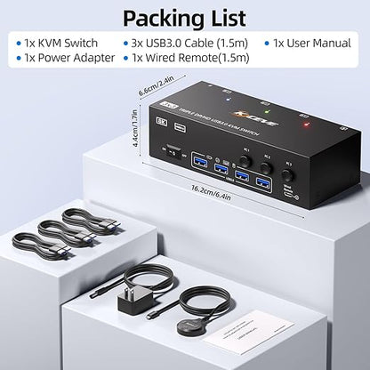 HDMI+2Displayport KVM Switch 3 Monitors 3 Computers 8K@60Hz 4K@144Hz,Triple Monitor KVM Switches with 4 USB3.0 Port for USB Devices,Wired Remote,Power Adapter and USB Cables Included.