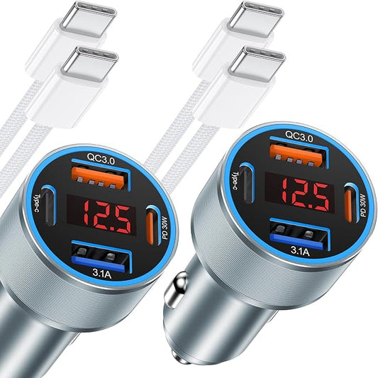 iPhone Fast Car Charger, 65W 4-Port USB C Car Phone Charger Adapter with 2x6FT USB C Cable, Multi Port Cigarette Lighter USB Charger with Voltage Display for iPhone 16 15 Pro Max,iPad,Samsung, Android