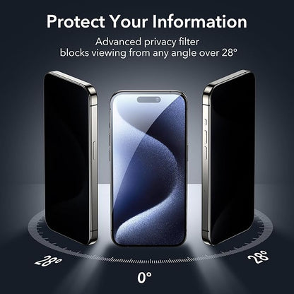 ESR 3+1 Pack for iPhone 15 Pro Max Privacy Screen Protector Set, Anti-spy Tempered-Glass Privacy Screen Protector, Micro-curved Edges, Case Friendly, 3-Pack with 1 Set of Camera Lens Protector