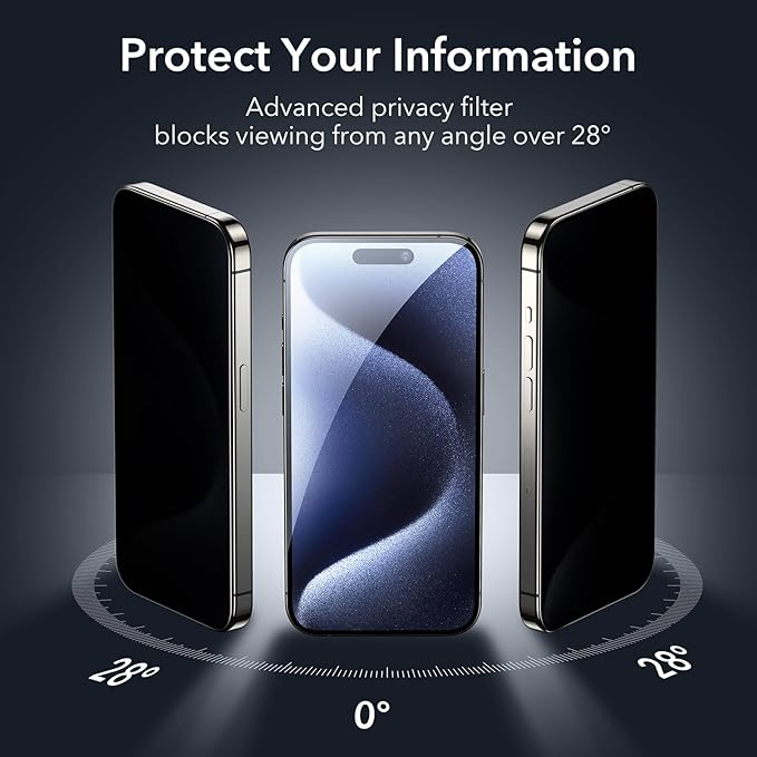 ESR 3+1 Pack for iPhone 15 Pro Privacy Screen Protector Set, Anti-spy Tempered-Glass Privacy Screen Protector, Micro-curved Edges, Case Friendly, 3-Pack with 1 Set of Individual Camera Lens Protector
