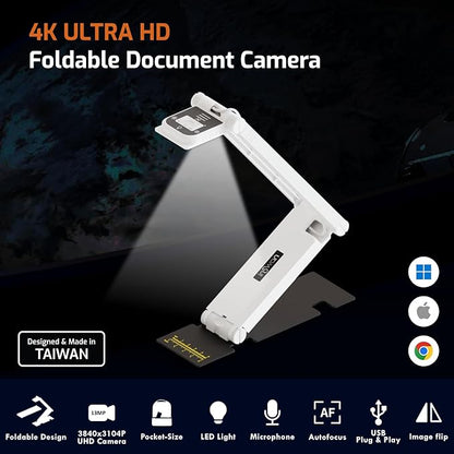 INS-Flip 4 4K USB Portable Document Camera/Webcam/Visualiser—13MP Ultra HD, Foldable Design, Auto Focus, Mic, LED, Compatible with Mac OS, Windows, iPad, Chromebook for Distance Learning