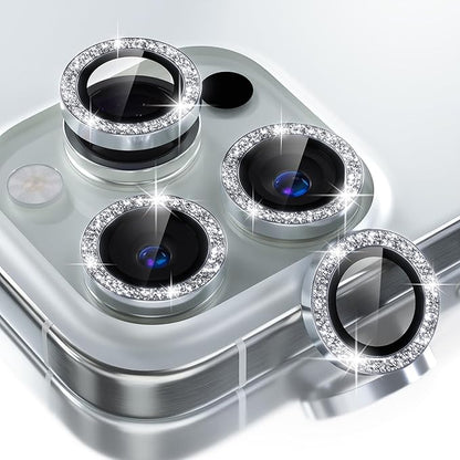 Choiche Compatible for iPhone 16 Pro/iPhone 16 Pro Max Camera Lens Protector Bling, 9H Tempered Glass Camera Cover Screen Protector Metal Ring Decoration Accessories (Glitter-Silver)
