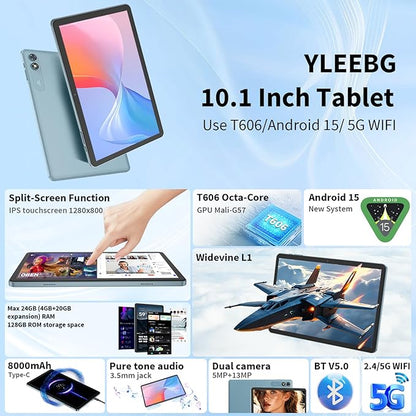 Android Tablet with Keyboard,10 inch Android 15 tablet, 24GB RAM 128GB ROM, 1TB Expand, Octa-Core, Widevine L1, 2.4G/5G WiFi, 8000mAh, Bluetooth, GMS, 2 in 1 Tablet with Case, Mouse, Stylus (Black)
