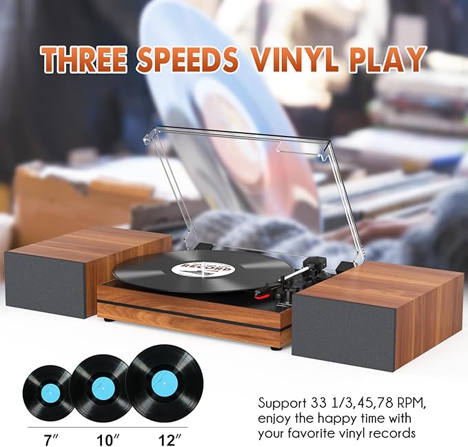 Vinyl Record Player with Speakers Vintage Turntable for Vinyls Records External Speakers Belt-Driven Turn Table Support 3-Speed Wireless Playback Headphone AUX-in LP Phonograph Audio Sound Wood Red